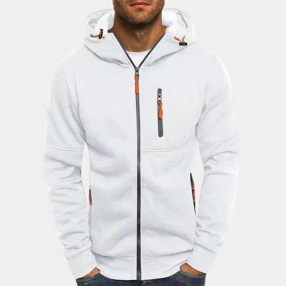 Komfortabel herresweater med hette og glidelås, en nødvendighet i herregarderoben.