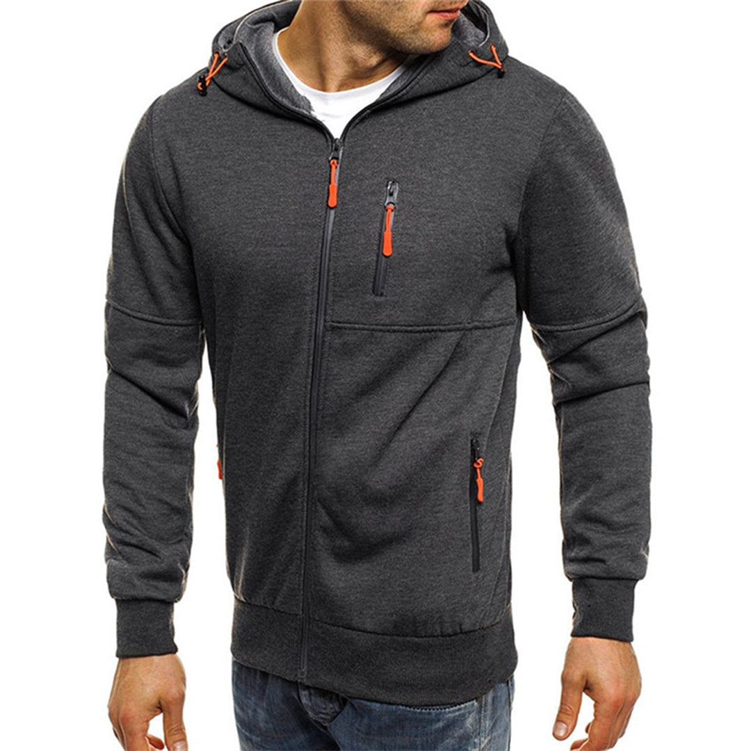 Varm og komfortabel herresweater med hette og hel glidelås for kjølige dager.