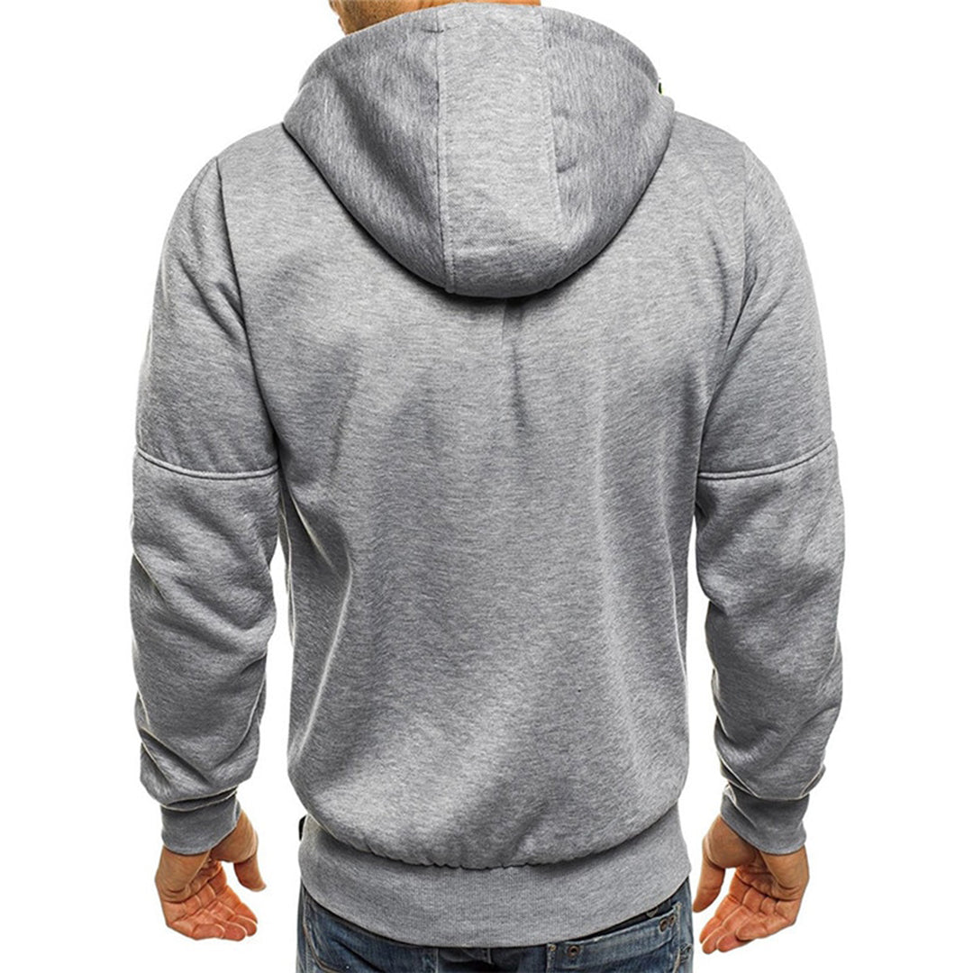 Herresweater med hette og glidelås, viser avslappet passform for fritidsbruk.
