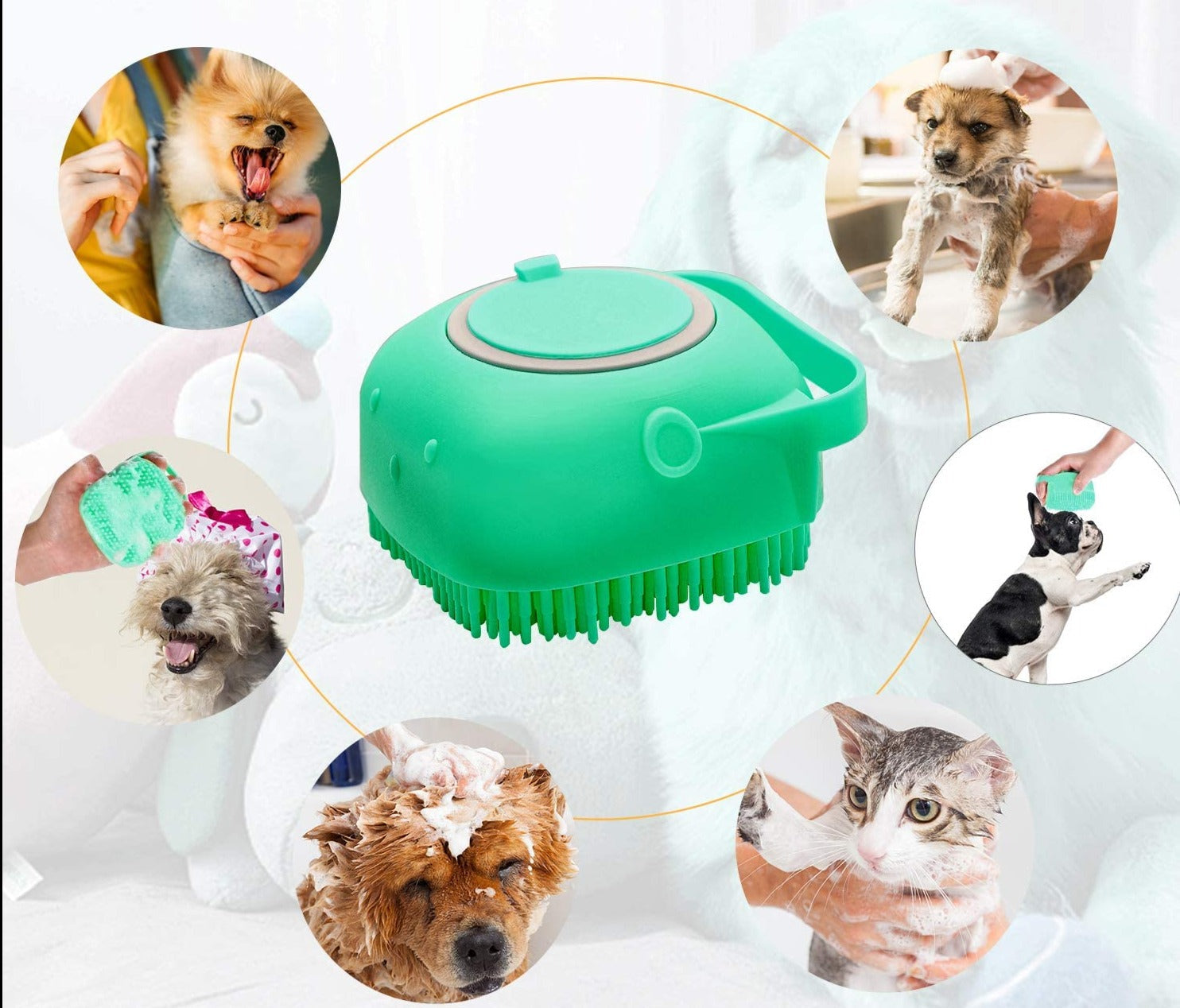 Praktisk hundebadebørste med sjampodispenser som forenkler bading og gir glansfull pels.