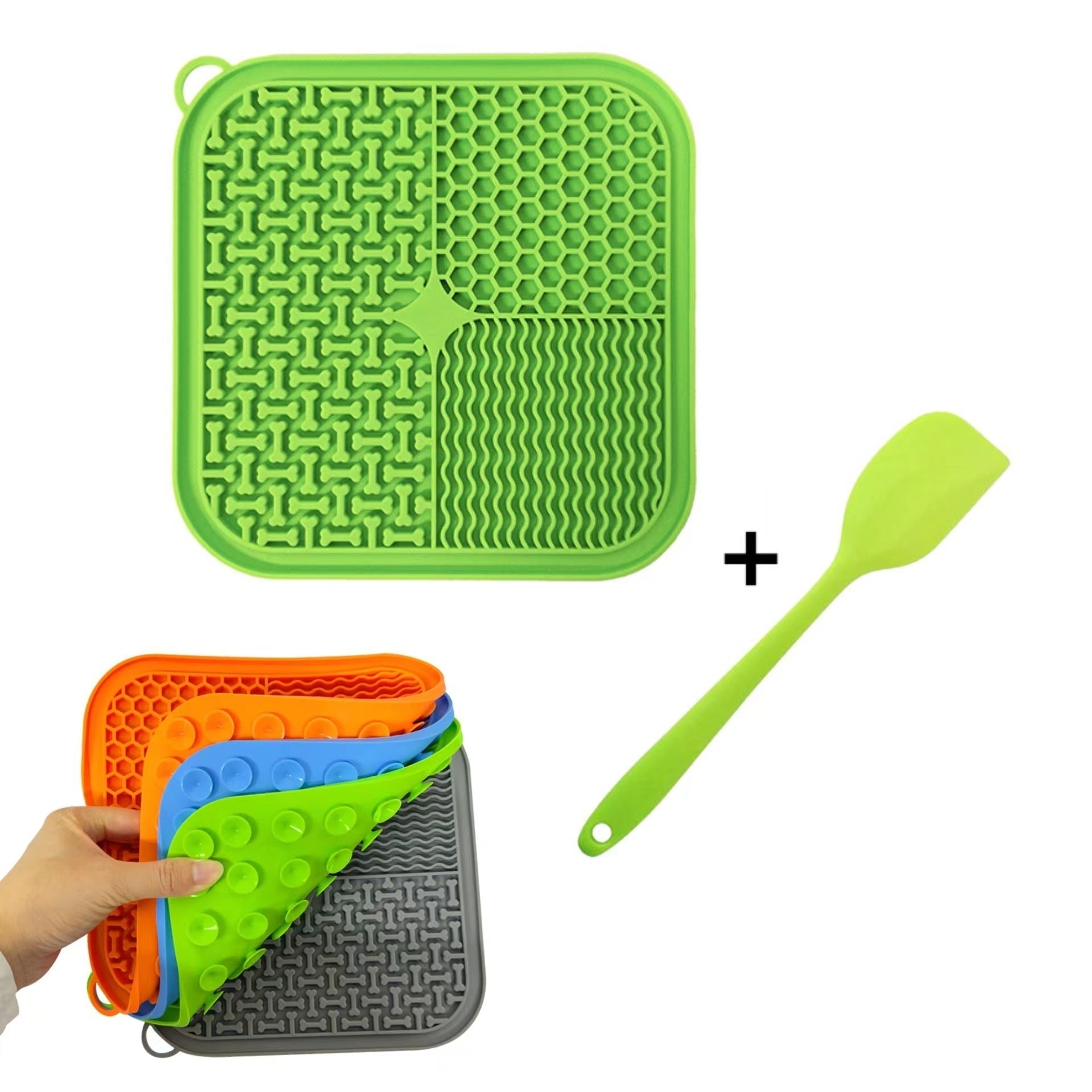 "Hundeleckmatte mit Texturen, stressabbauend und verdauungsfördernd, in Blau, Grau, Grün und Orange."