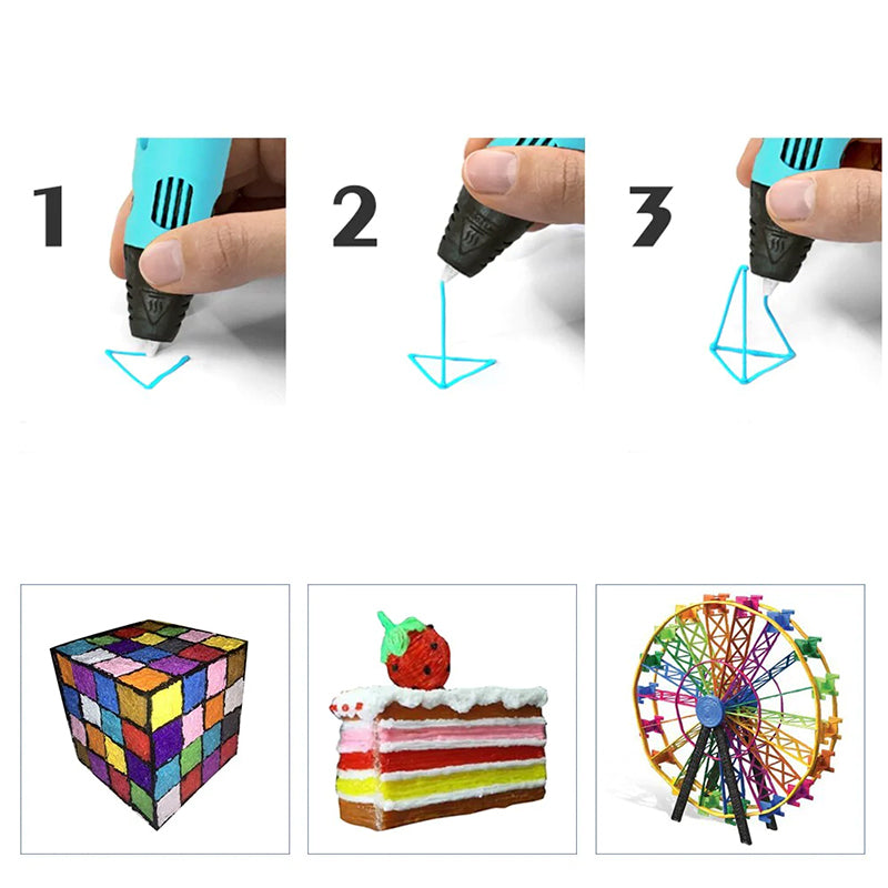 Hånd holder en slank 3D-utskriftspenn, viser kompakt design for enkel bruk og kreativ tegning for barn og voksne.