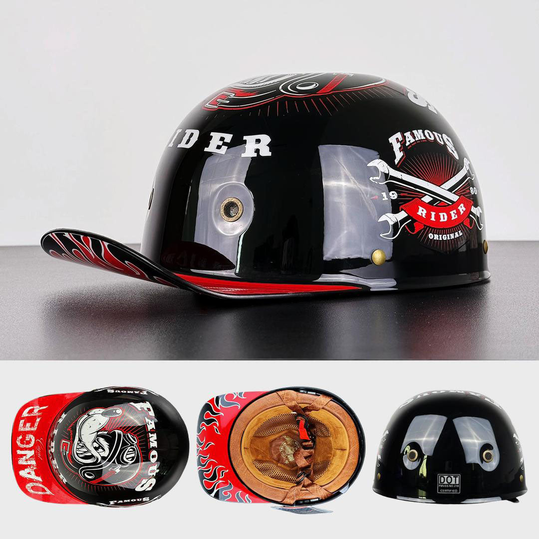 Halvskall motorsykkelhjelm med baseballcap-visir; lettvektig, ECE/DOT godkjent for menn.