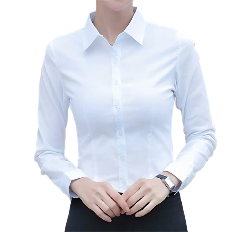 Hvit langermet kontorbluse for kvinner. Stilren profesjonell bluse til business og arbeid.
