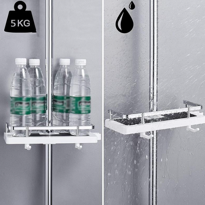 Minimalistisk hvit dusjhylle som skaper et ryddig og moderne preg på badet. Effektiv organisering.
