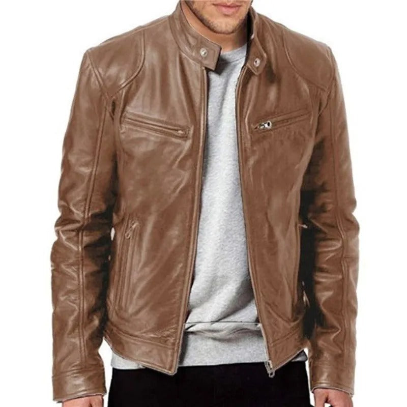 Brun herrejakke: Klassisk mc-jakke for menn. Perfekt for utendørs fritid med moderne slim fit.