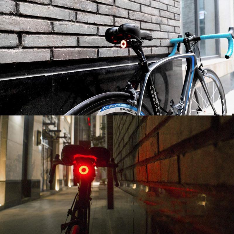 Intelligent baklys til sykkel med bremselys og USB-oppladbart design for økt synlighet.
