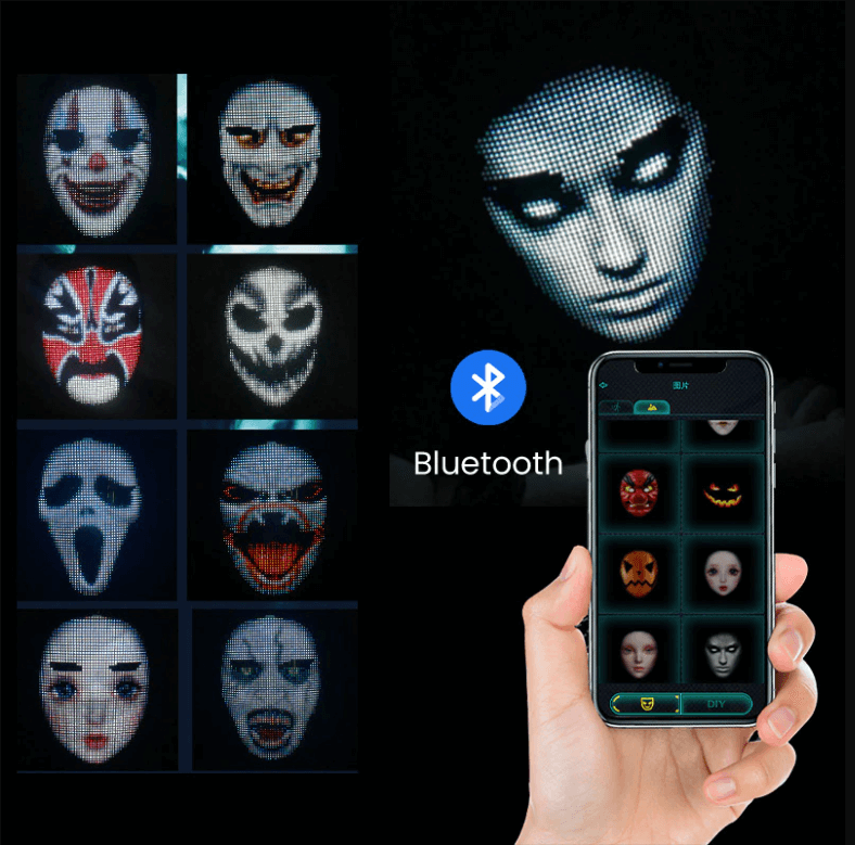 Stilig digital LED-ansiktsmaske med Bluetooth, skift ansikt dynamisk for enhver anledning.