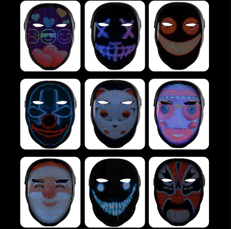 DIY interaktiv LED-maske, skift mellom ansikter og animasjoner for fest, Halloween og cosplay.