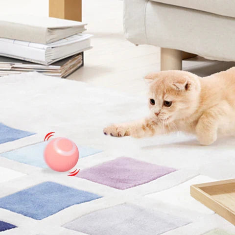 Rosa interaktiv lekeball for katt. Smart, selvrullende leke som stimulerer jaktinstinktet og holder katten aktiv.