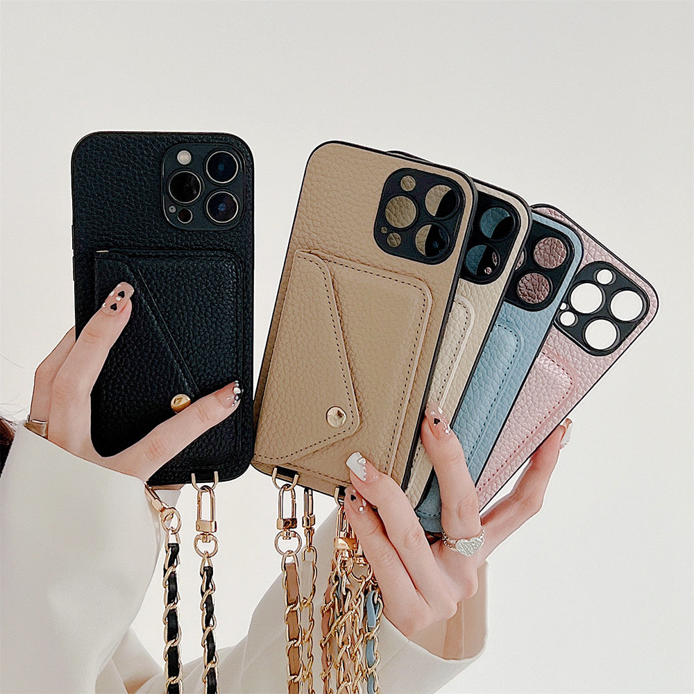 Stilig dame iPhone-deksel med integrert lommebok. Gir mobilbeskyttelse og praktiske kortlommer i ett etui.