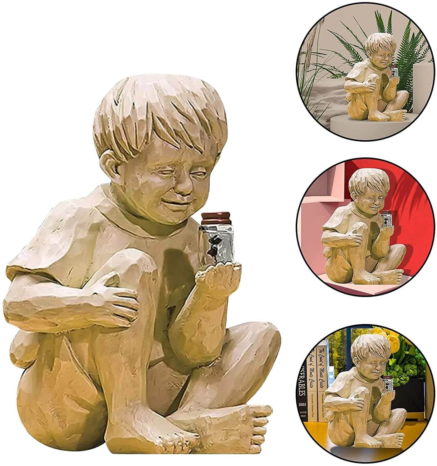 Jente hagestatue med solcellelys og lysende ildfluer, utendørs dekorasjon i resin.