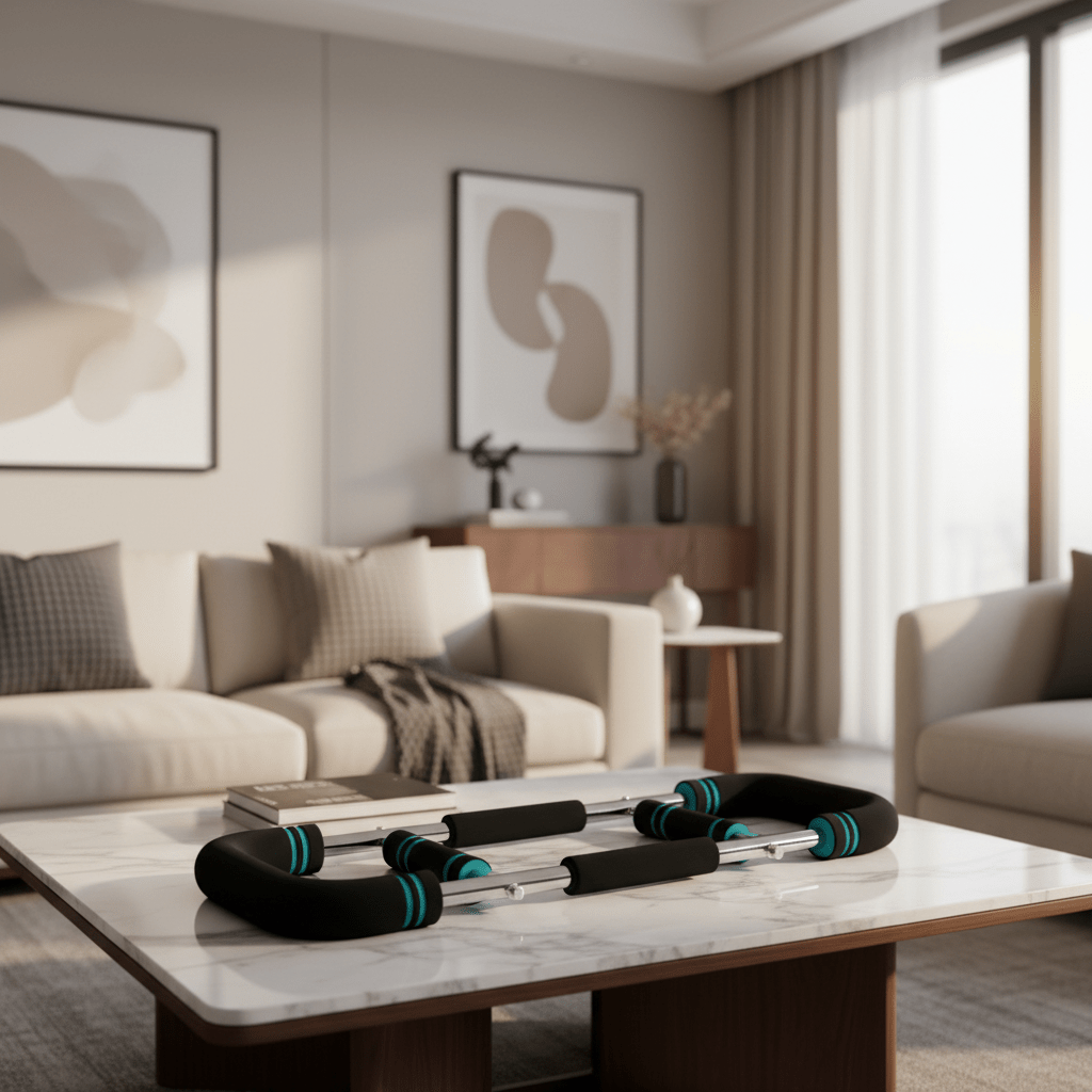 Kompakt treningsutstyr: Justerbar treningsstang for hjemmetrening. Styrker armer, bryst, underarmer.
