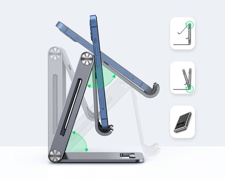 Slank, sølv aluminium smarttelefonholder; et justerbart stativ for optimal visningsvinkel.