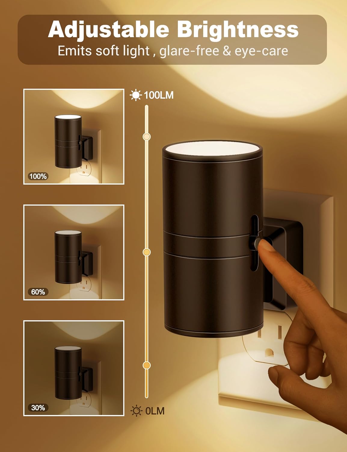 Energisparende LED nattlys med plugg og skumringssensor, ideelt for diskret gangbelysning.