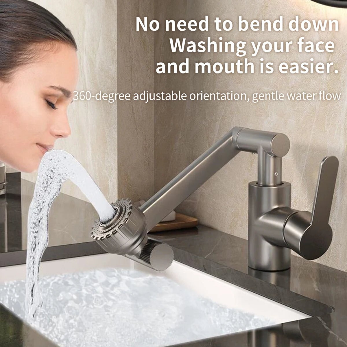 Kjøkkenkran i bruk; robotarmen justeres for å vaske grønnsaker med presisjon og to strålemoduser.