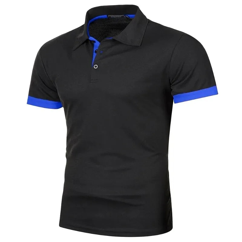 Stilren blå herre polo skjorte, kortermet. Ideell for business casual, kontor og komfortabel hverdag.