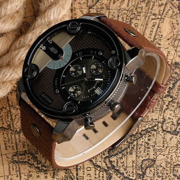 Nærstudie av den teksturerte lærremmen på en elegant herreklokke. Komfortabelt armbåndsur.