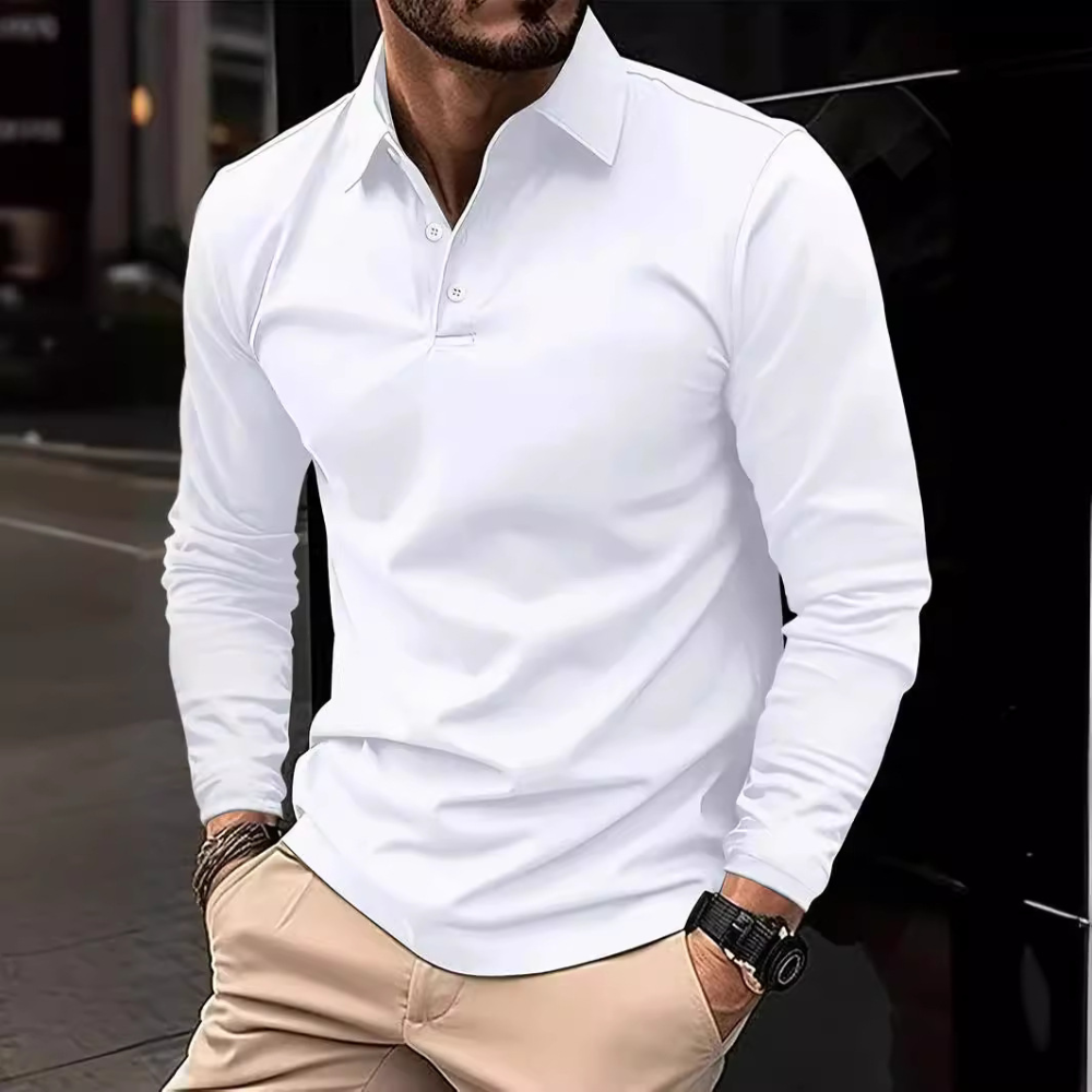 Komfortabel langermet poloskjorte. Klassisk stil for menn, ideell for hverdagsbruk og mer elegante anledninger.