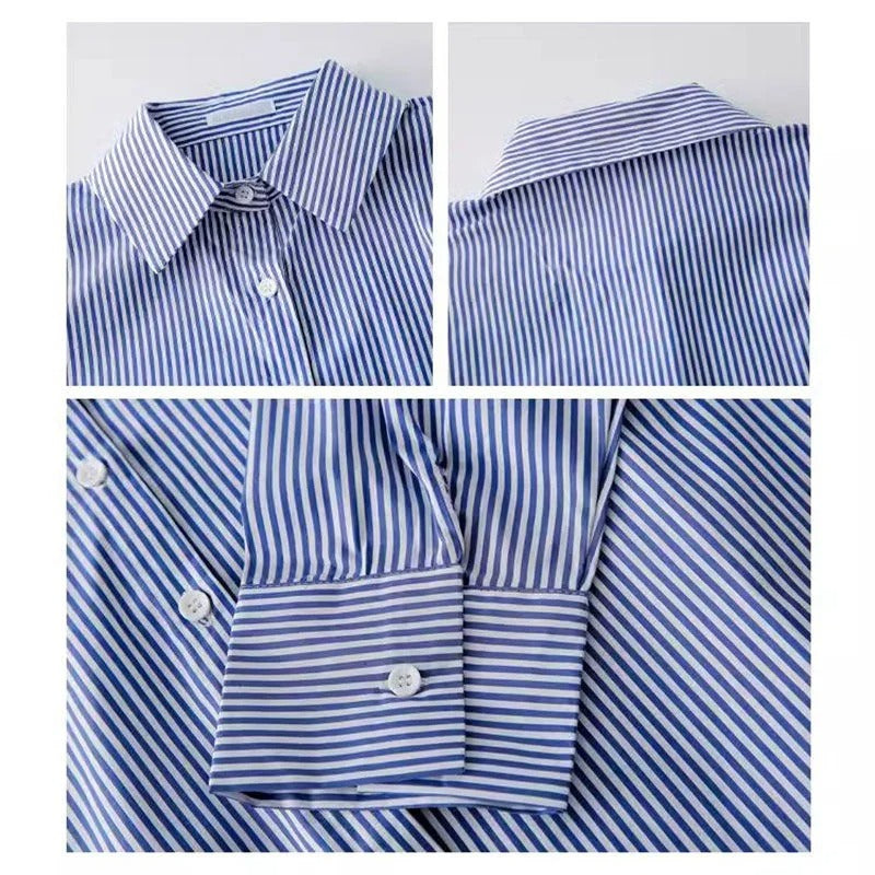 Stripet damebluse, klassisk design. Langermet med løs passform. Elegant og allsidig for kontor og hverdag.