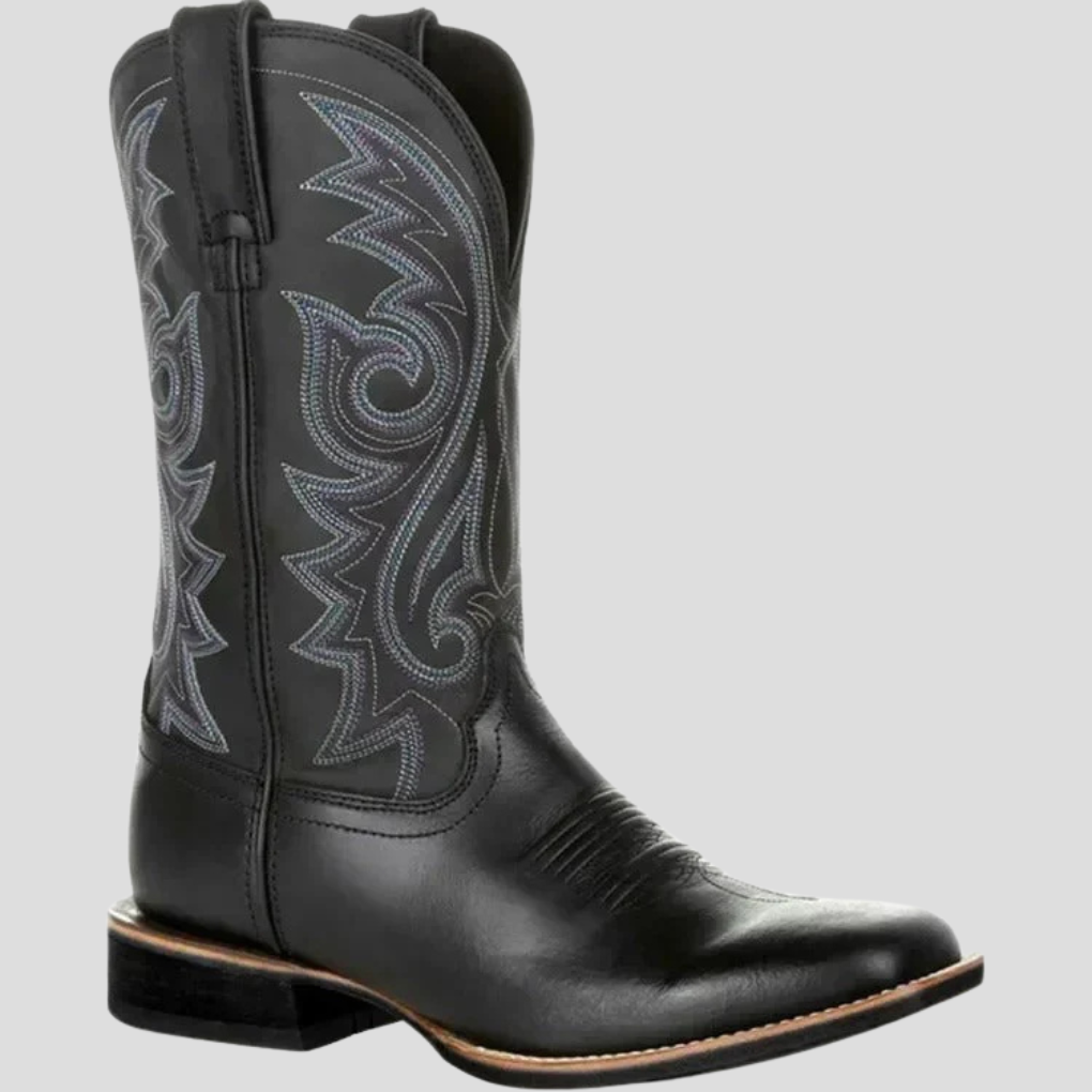 Svarte menns klassiske western boots i PU-skinn. Robuste cowboystøvler for en tidløs, moteriktig stil.