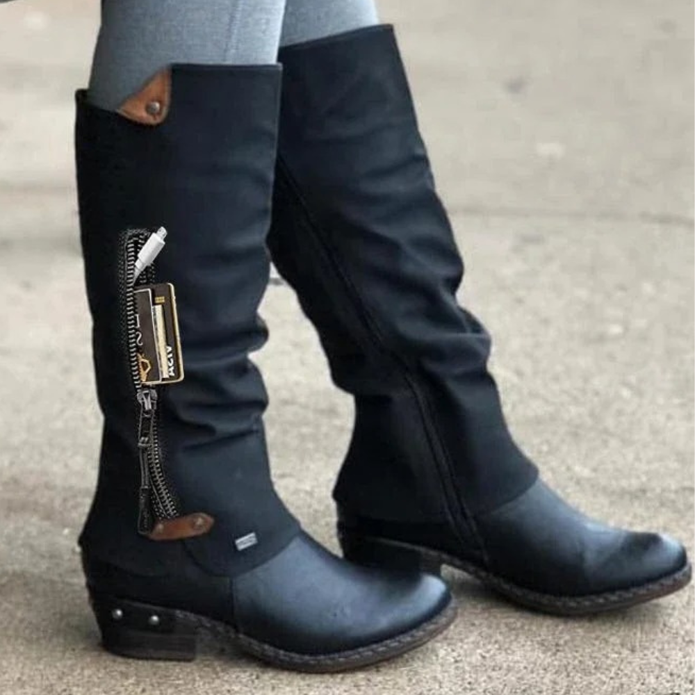 Elegante sorte knehøye damestøvler. Stilfulle klassikere i lær, ideelle for høst og vinter. Komfortable dameboots.