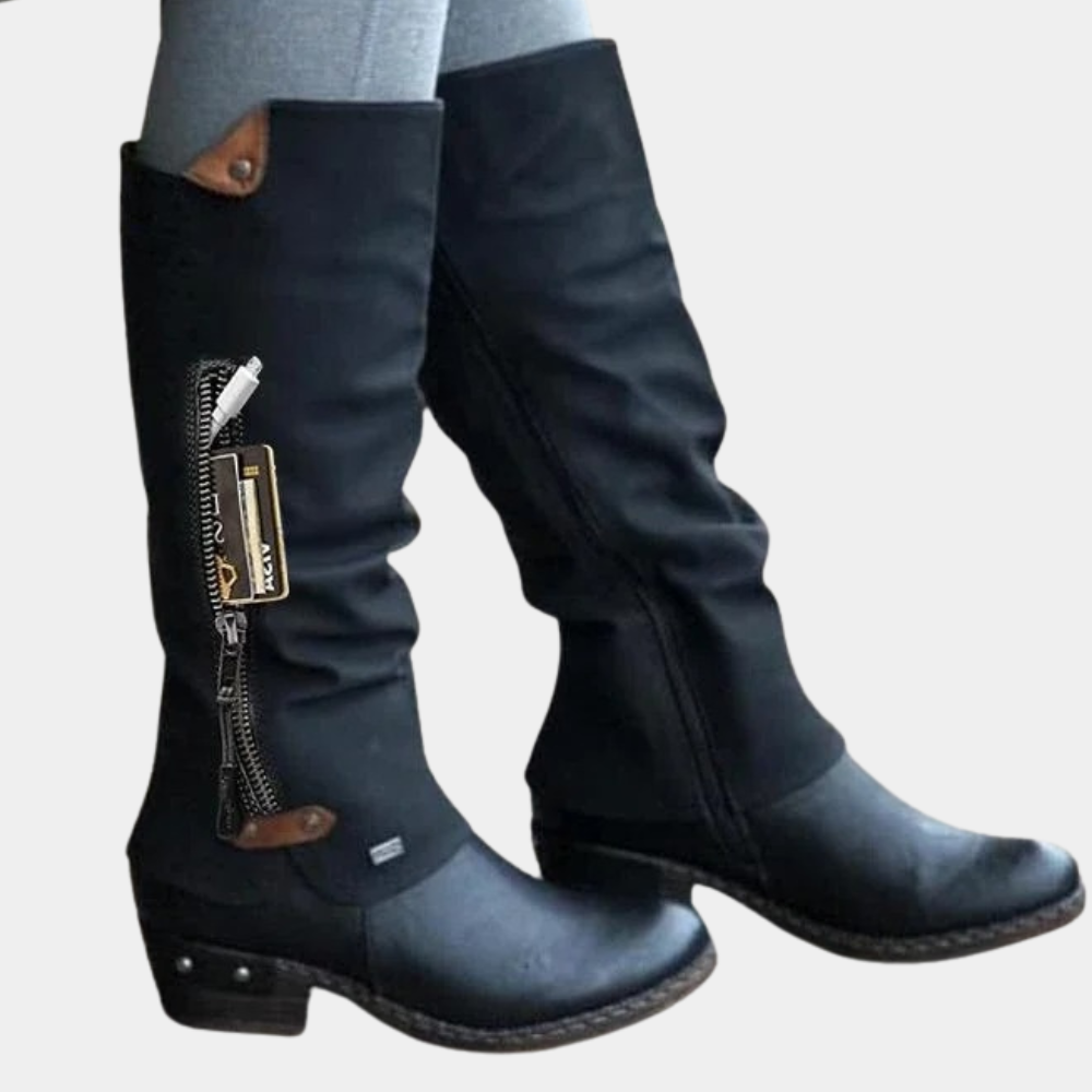 Stilfulle knehøye damestøvler, ideelle for både hverdag og fest. Klassiske, komfortable sorte dameboots for vinter.