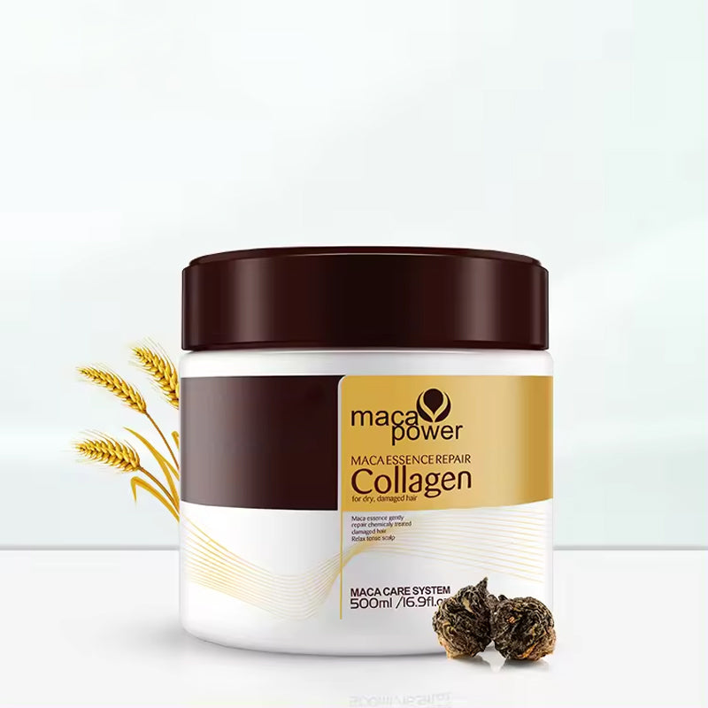 Kollagen hårmaske med næringsrike ingredienser for dyp reparasjon og fuktighet til hår.