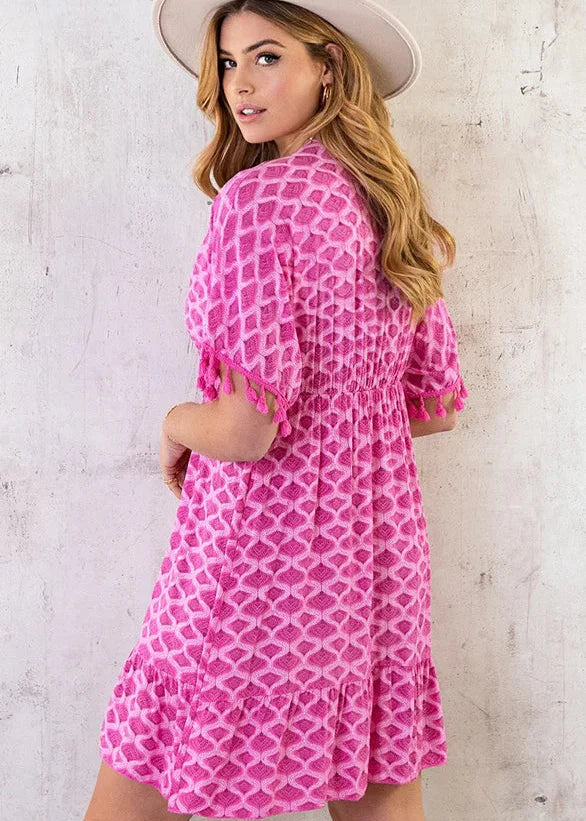 Reiseklar kvinners midikjole i boho stil. Komfortabel og løs hverdagskjole.