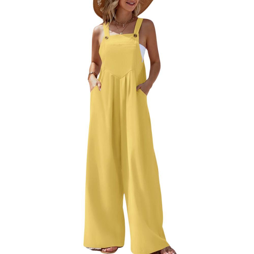 Komfortabel dame jumpsuit med bukseseler, vide ben, perfekt for stilig sommerbruk.