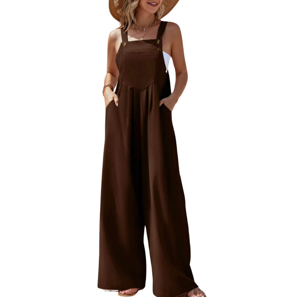 Dame jumpsuit med bukseseler for en avslappet sommerstil, ideell for utendørsaktiviteter.