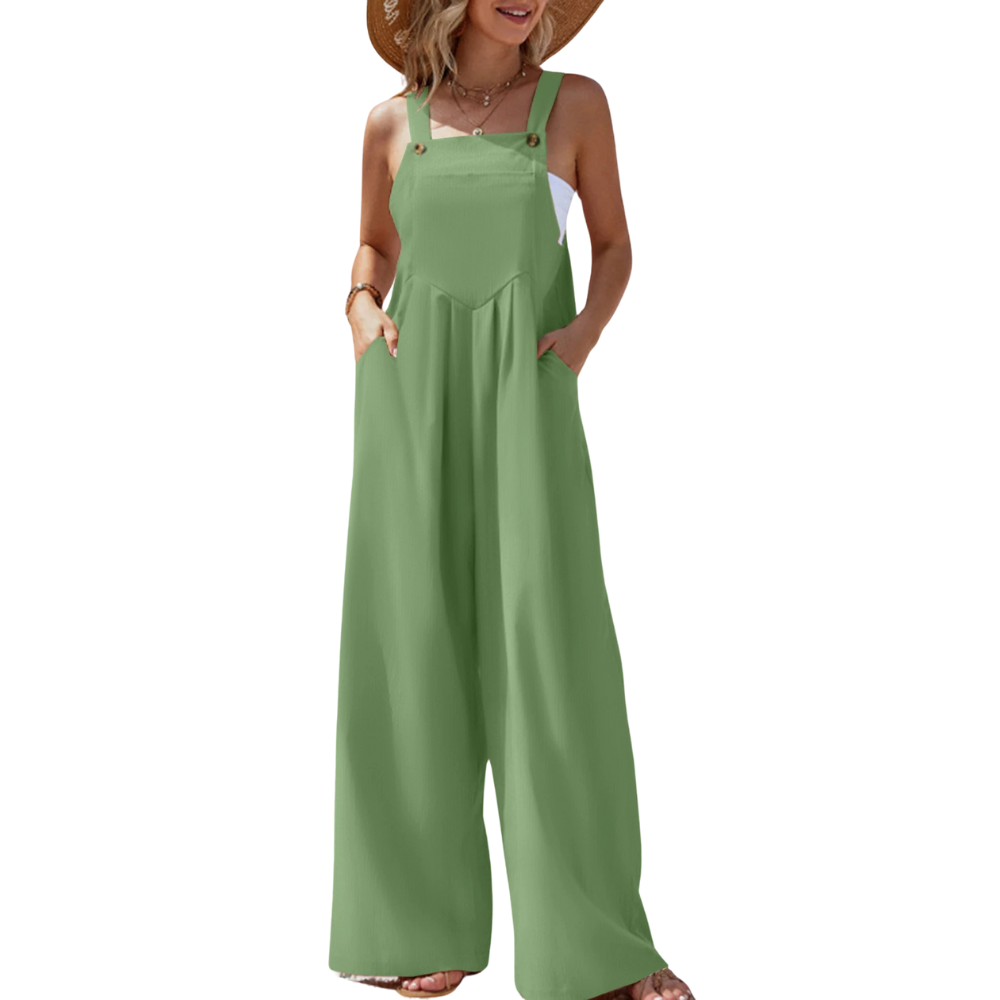 Stilig ensfarget dame jumpsuit med løs passform og bukseseler, ideell sommerdrakt.