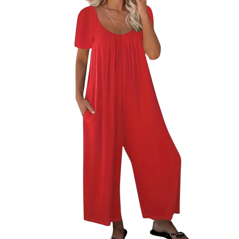 Stilig ensfarget jumpsuit for kvinner, kortermet med vide ben, perfekt for en elegant og avslappet look.