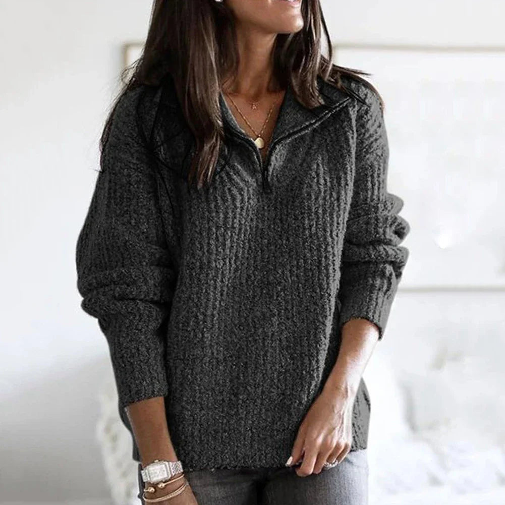 Allsidig halv-glidelås genser for damer med lange ermer. Komfortabel hverdags pullover.