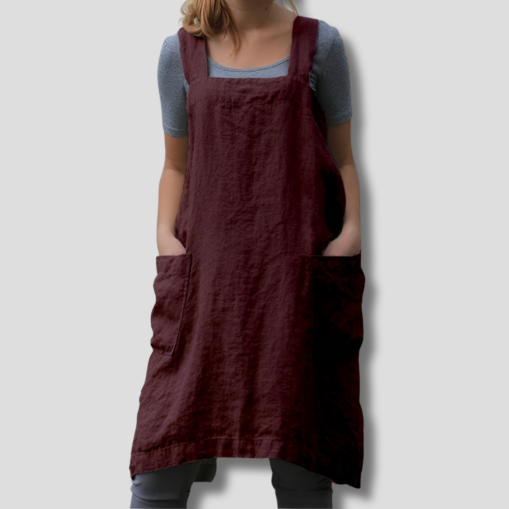 Allsidig kvinnes bomull lin kjole i forkle stil. Komfortabel og casual for vår, sommer og hverdag.