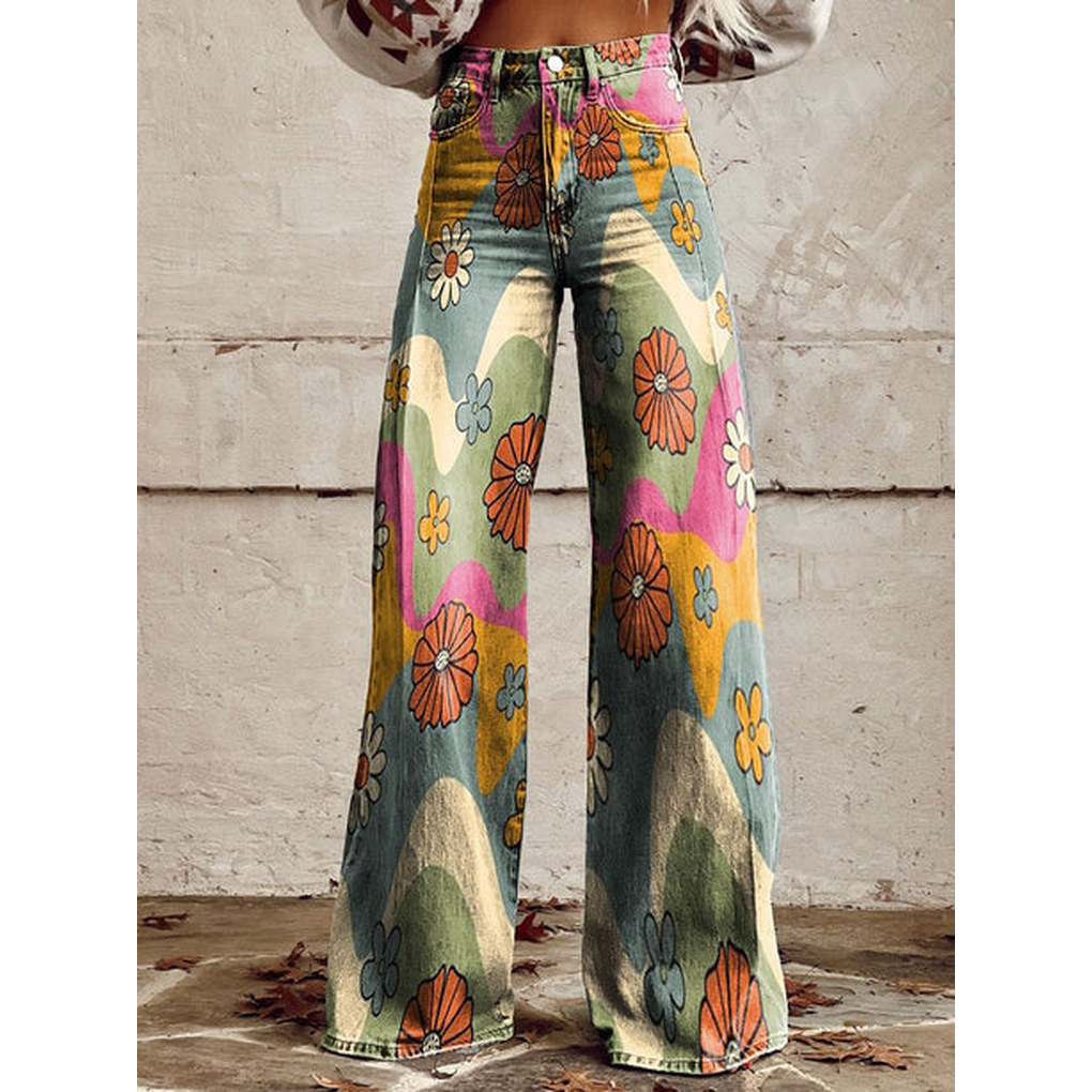 Moderne lange damebukser med friskt blomster- og mønsterdesign for en komfortabel og stilig look.