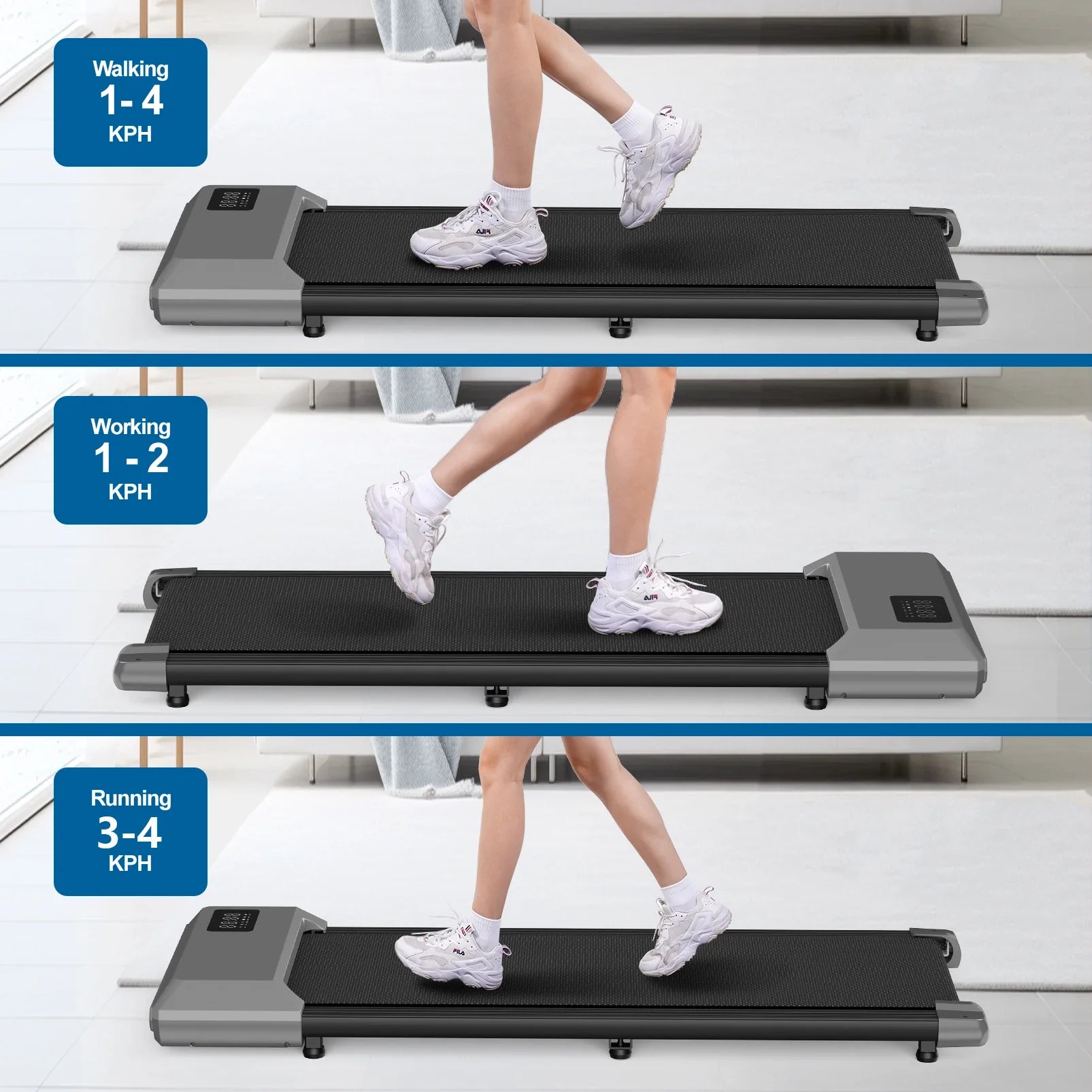 Unisex bærbar tredemølle for fitness og aktivitet hjemme eller på kontoret. Kompakt og plassbesparende design.
