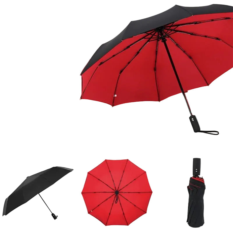 Kompakt stormparaply med ergonomisk håndtak, ideell for reise og regnvær. Vanntett og vindtett design.