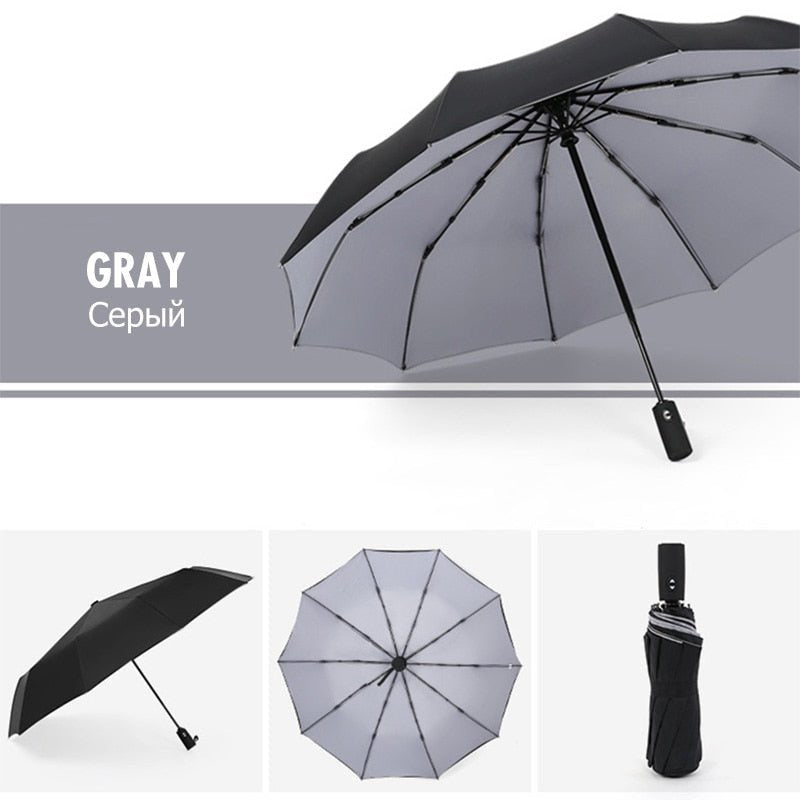 Lukket, kompakt stormparaply med ergonomisk håndtak, klar for reise i vesken. Automatisk og robust.