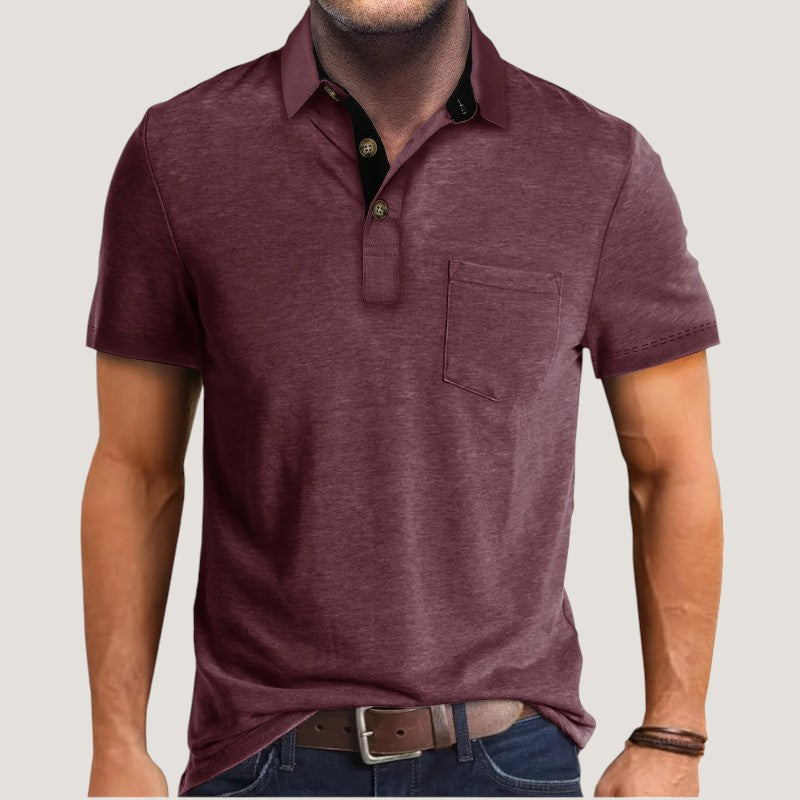 Uformell herreskjorte med kortermet fargeblokk, trendy polyesterskjorte for en avslappet sommerstil.