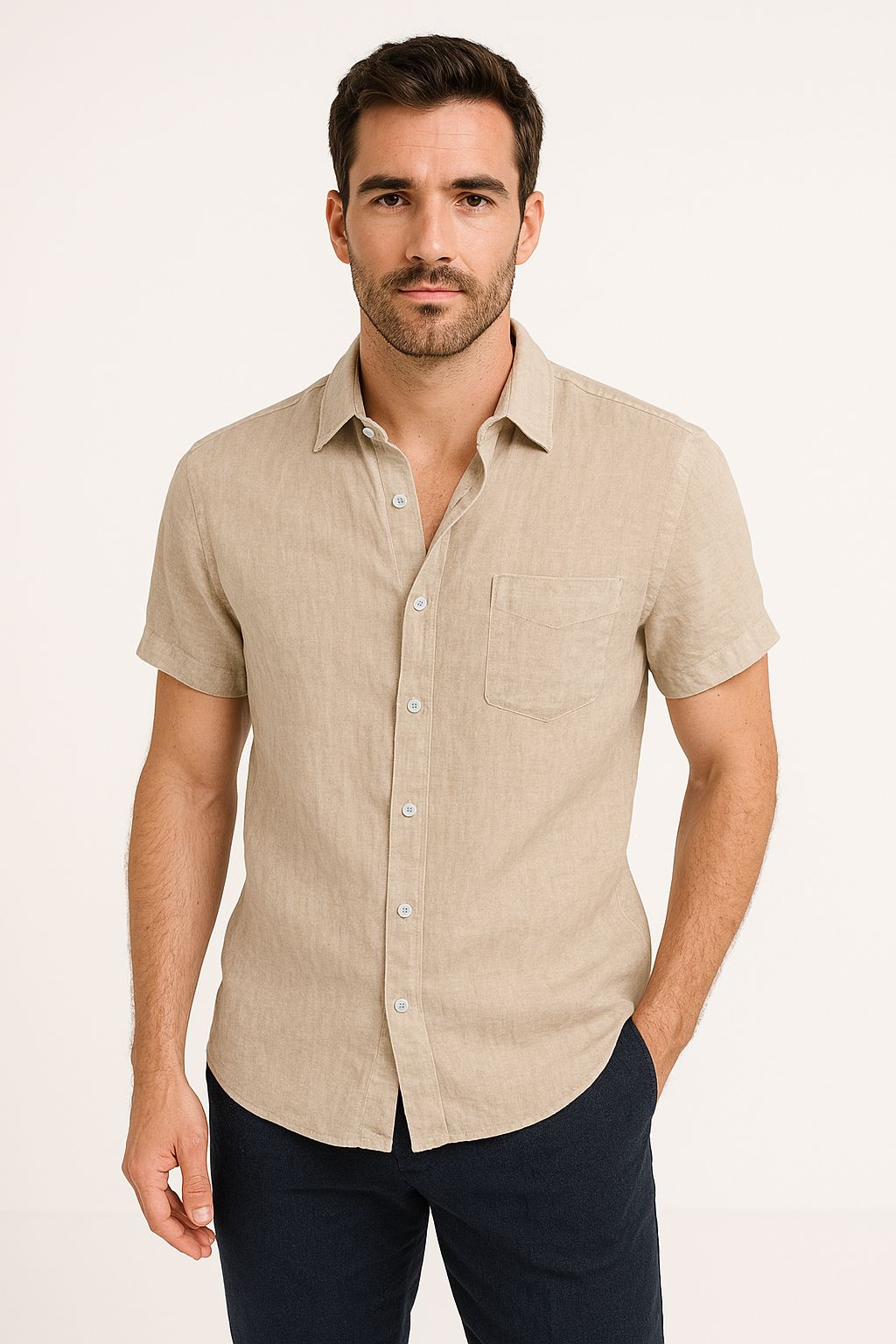 Myk polyester kortermet herreskjorte, pustende og avslappet stil for varme sommerdager.