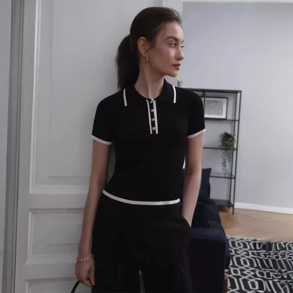 Komfortabel kortermet strikket topp for kvinner, allsidig med elegant patchwork-mønster.