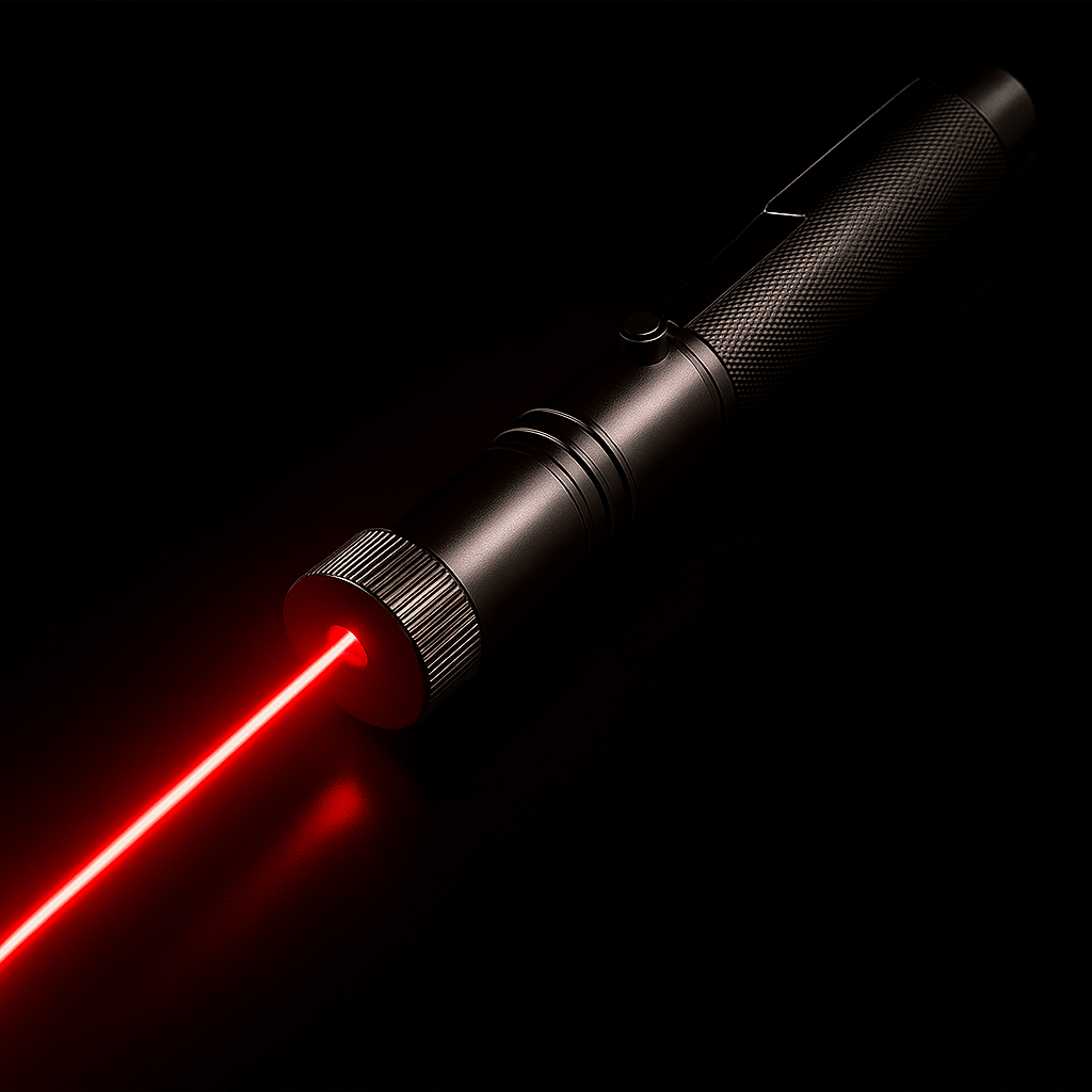 Holdbar laserpeker i metallhus, med justerbar fokus, sikkerhetslås og USB-lading.