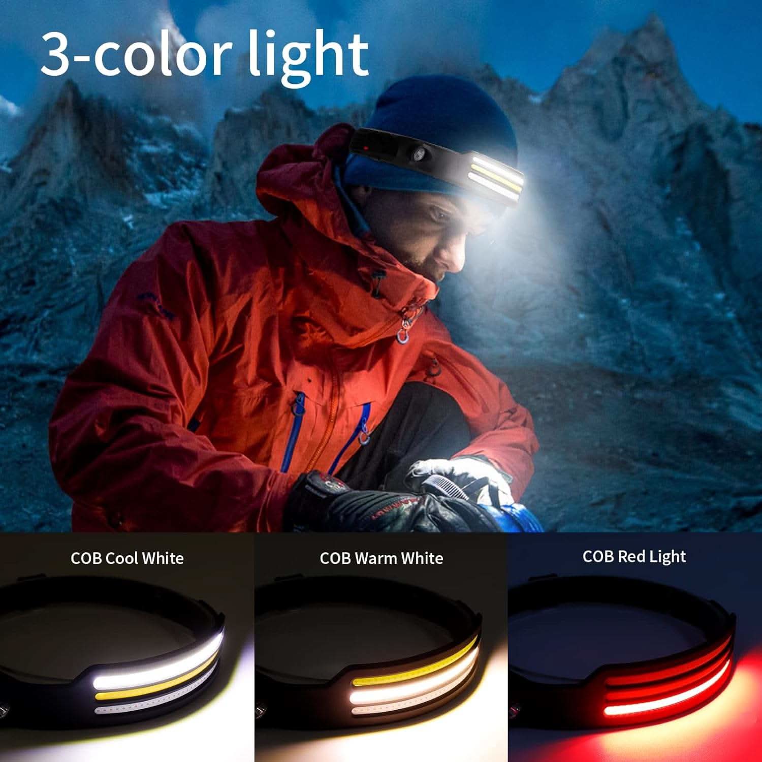 Allsidig LED hodelykt ideell for camping, fottur, løping og andre utendørsaktiviteter.