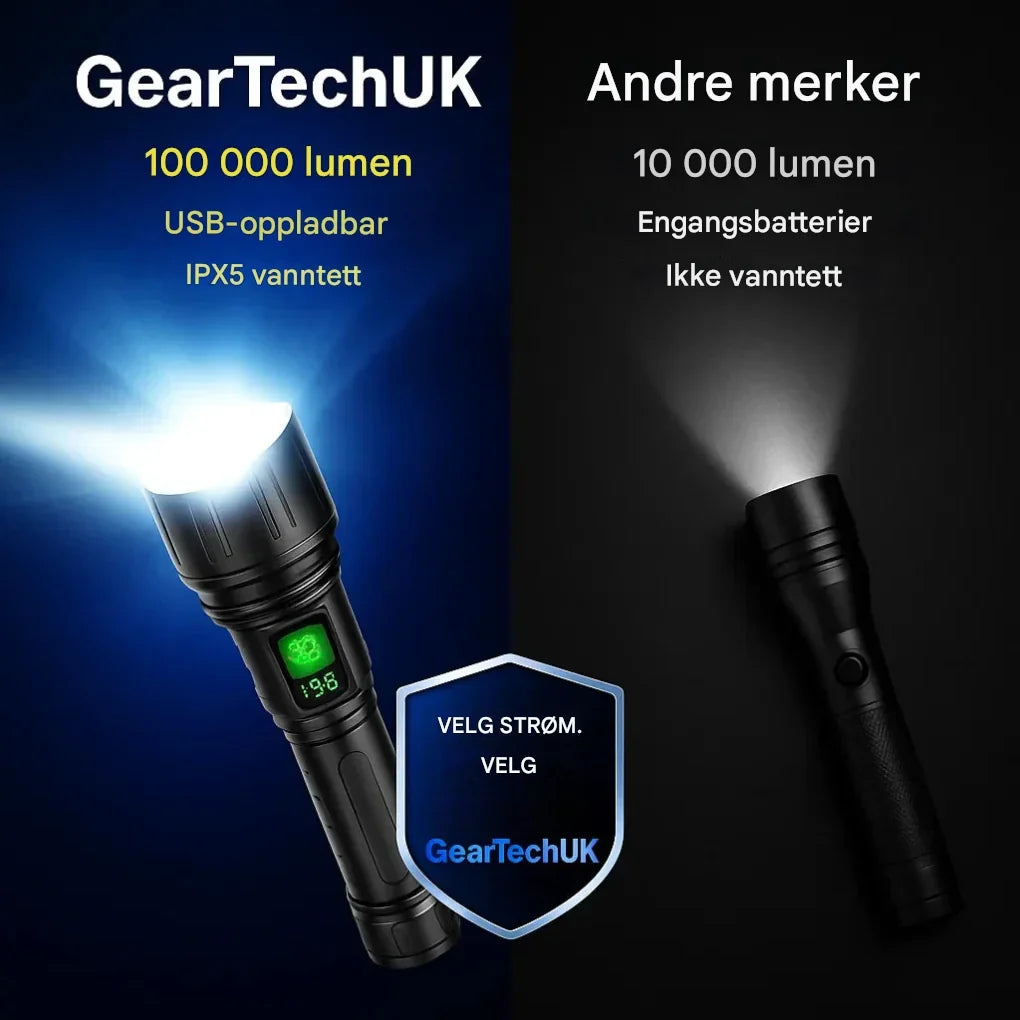 Dramatisk bilde av en lommelykt med 100 000 lumen som kutter gjennom dyp mørke, perfekt som nødlys.