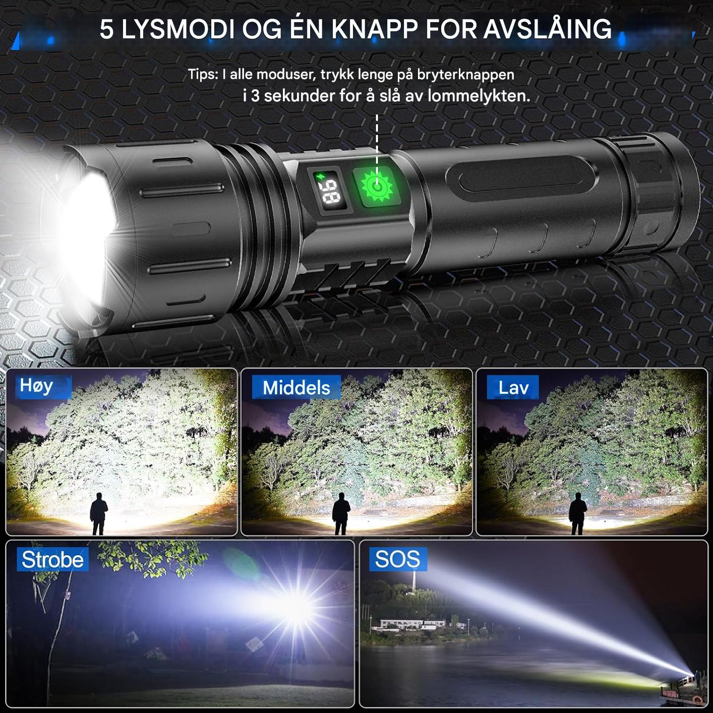 Kraftig oppladbar lommelykt, 100 000 lumen, vanntett aluminium, ideell for camping, søkelys og nød.