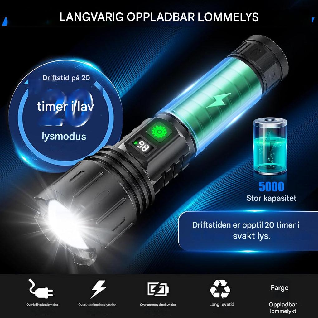 Vanntett utendørs lommelykt i aluminium, oppladbar med 100 000 lumen for nattlige ekspedisjoner og camping.