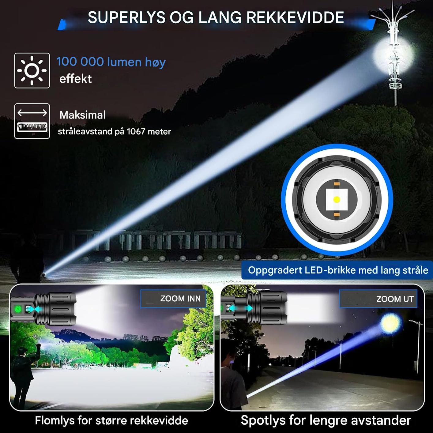 Multifunksjonell taktisk lommelykt, oppladbar med 100 000 lumen, essensiell for nød og utendørs bruk.