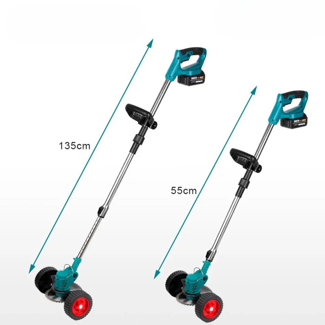 Sammenleggbar 36V batteridrevet gresstrimmer med justerbart håndtak, klar for enkel lagring og transport.