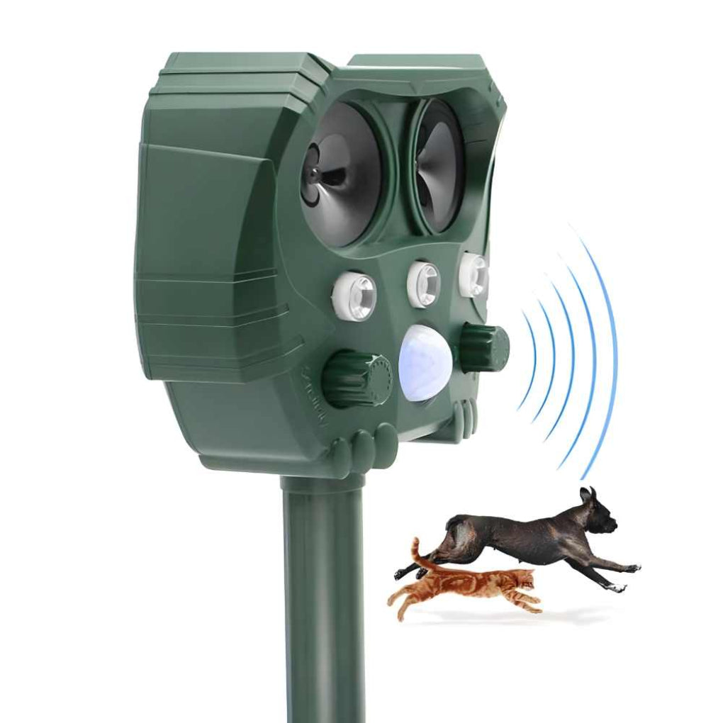 Kraftig ultralyd dyreavskrekker for hage og uteområder. Effektiv skadedyrkontroll mot rev, katt, hund.